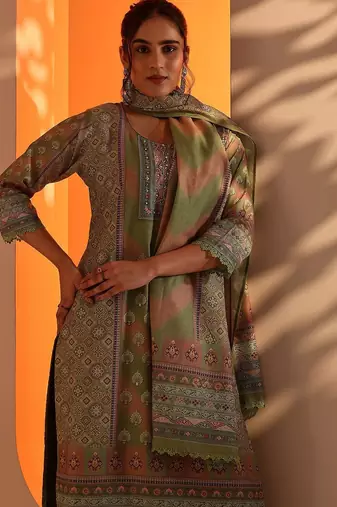 ethnic motifs printed mirror work straight kurta with trouser and dupatta