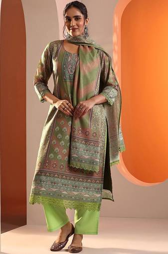 ethnic motifs printed mirror work straight kurta with trouser and dupatta