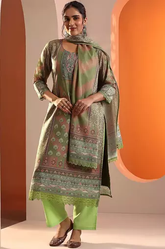 ethnic motifs printed mirror work straight kurta with trouser and dupatta