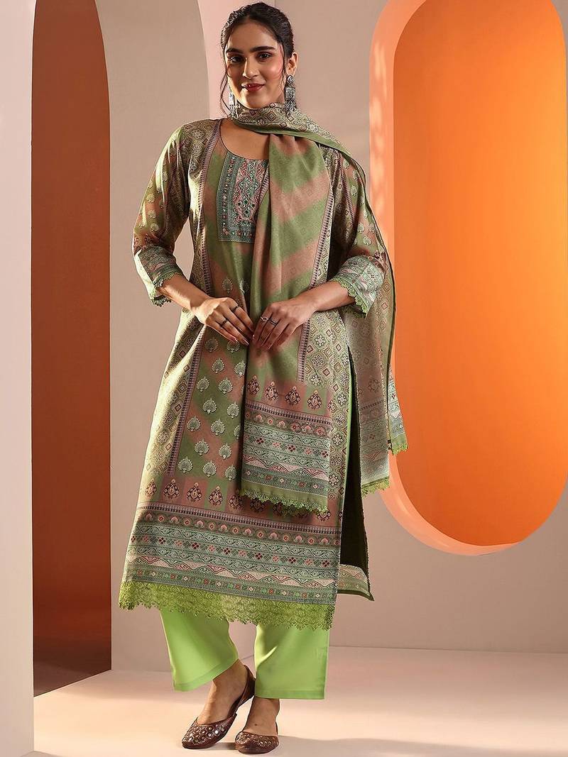 ethnic motifs printed mirror work straight kurta with trouser and dupatta