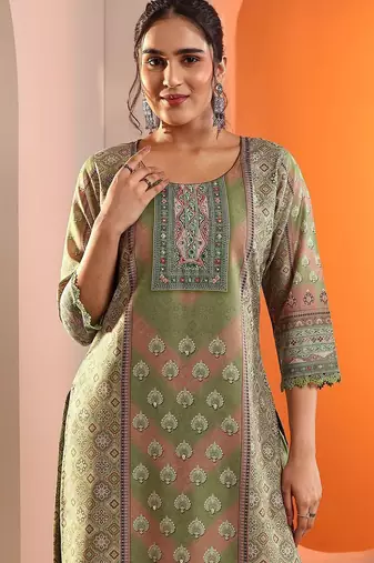 ethnic motifs printed mirror work straight kurta with trouser and dupatta