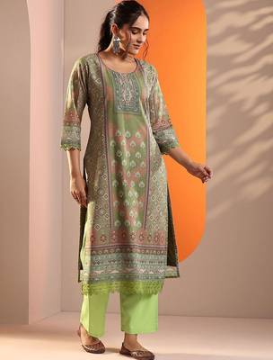 ethnic motifs printed mirror work straight kurta with trouser and dupatta 4