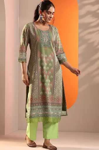 ethnic motifs printed mirror work straight kurta with trouser and dupatta