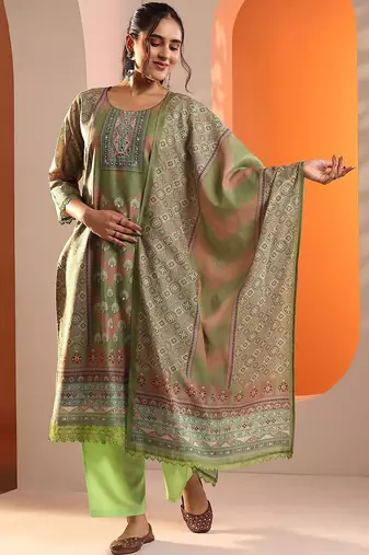 ethnic motifs printed mirror work straight kurta with trouser and dupatta