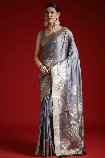 Grey ethnic motifs zari woven design banarasi satin saree