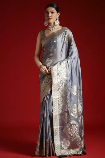 Grey ethnic motifs zari woven design banarasi satin saree