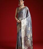 Grey ethnic motifs zari woven design banarasi satin saree