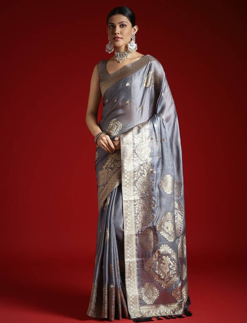 Grey ethnic motifs zari woven design banarasi satin saree