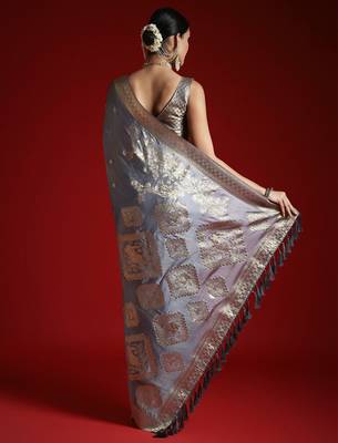 Grey ethnic motifs zari woven design banarasi satin saree 2