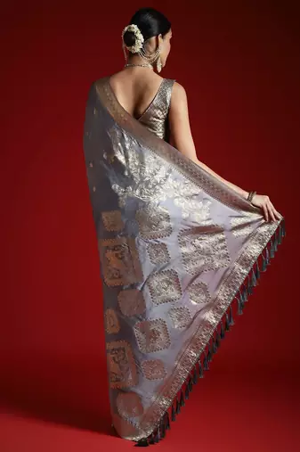 Grey ethnic motifs zari woven design banarasi satin saree