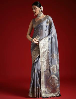 Grey ethnic motifs zari woven design banarasi satin saree 3