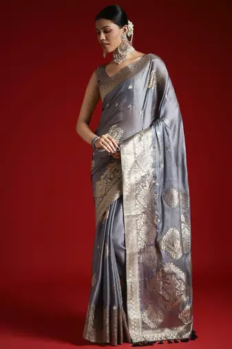Grey ethnic motifs zari woven design banarasi satin saree