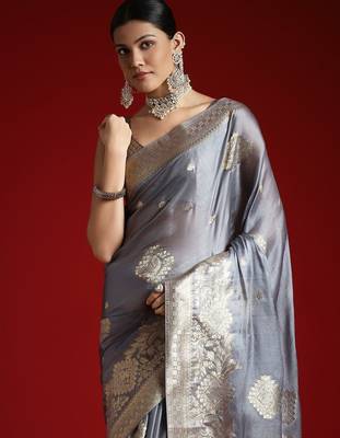 Grey ethnic motifs zari woven design banarasi satin saree 4