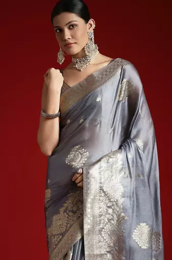 Grey ethnic motifs zari woven design banarasi satin saree