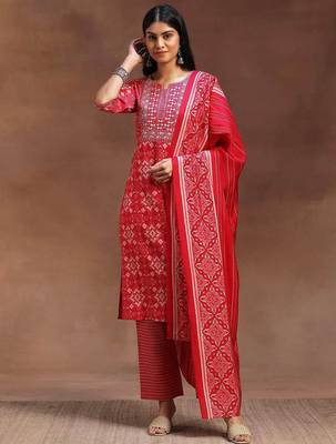 ethnic motifs printed notch neck mirror work straight kurta with trousers & dupatta 1