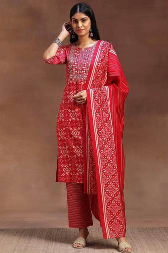 ethnic motifs printed notch neck mirror work straight kurta with trousers & dupatta