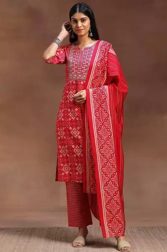 ethnic motifs printed notch neck mirror work straight kurta with trousers & dupatta