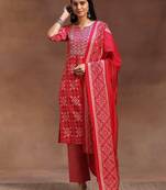 ethnic motifs printed notch neck mirror work straight kurta with trousers & dupatta