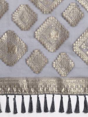 Grey ethnic motifs zari woven design banarasi satin saree 5