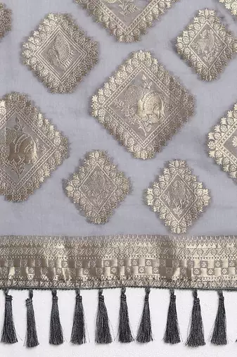 Grey ethnic motifs zari woven design banarasi satin saree