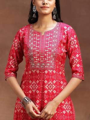 ethnic motifs printed notch neck mirror work straight kurta with trousers & dupatta 2