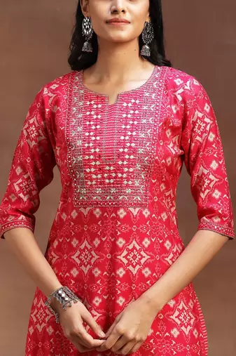 ethnic motifs printed notch neck mirror work straight kurta with trousers & dupatta