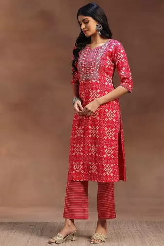 ethnic motifs printed notch neck mirror work straight kurta with trousers & dupatta