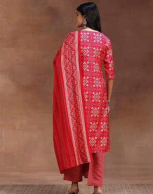 ethnic motifs printed notch neck mirror work straight kurta with trousers & dupatta 4