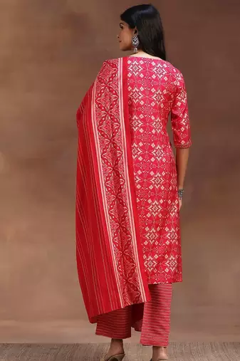 ethnic motifs printed notch neck mirror work straight kurta with trousers & dupatta
