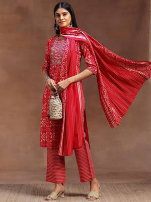 ethnic motifs printed notch neck mirror work straight kurta with trousers & dupatta 5