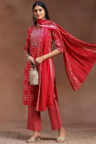 ethnic motifs printed notch neck mirror work straight kurta with trousers & dupatta