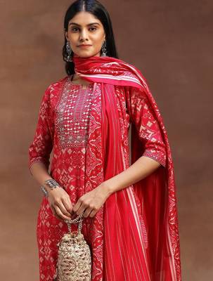 ethnic motifs printed notch neck mirror work straight kurta with trousers & dupatta 6