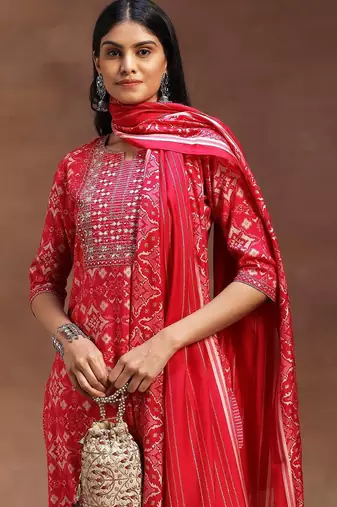 ethnic motifs printed notch neck mirror work straight kurta with trousers & dupatta