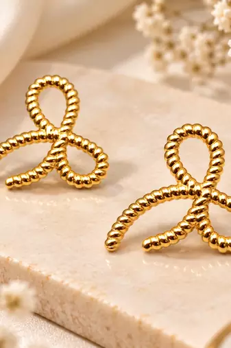 Gold bow stud earrings, twisted rope design, anti-tarnish