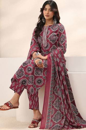 women ethnic motifs printed regular thread work kurta with trousers & with dupatta