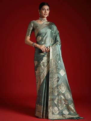 Green ethnic motifs woven design satin banarasi saree 2