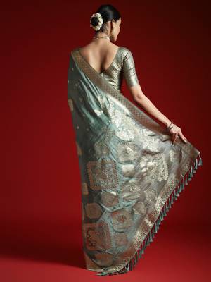 Green ethnic motifs woven design satin banarasi saree 3