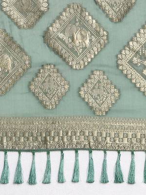 Green ethnic motifs woven design satin banarasi saree 5