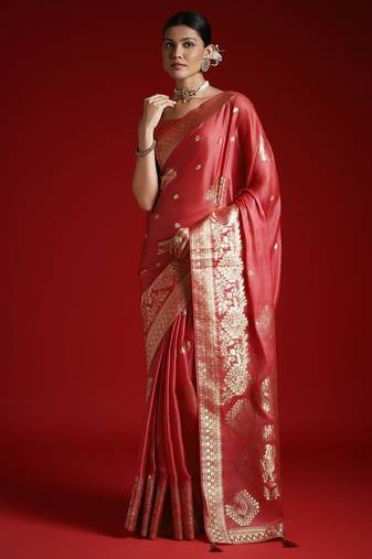 Peach ethnic motifs woven design satin banarasi saree