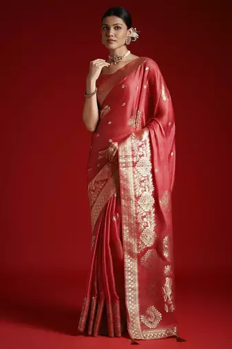 Peach ethnic motifs woven design satin banarasi saree