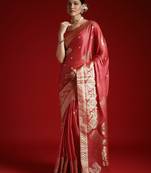 Peach ethnic motifs woven design satin banarasi saree