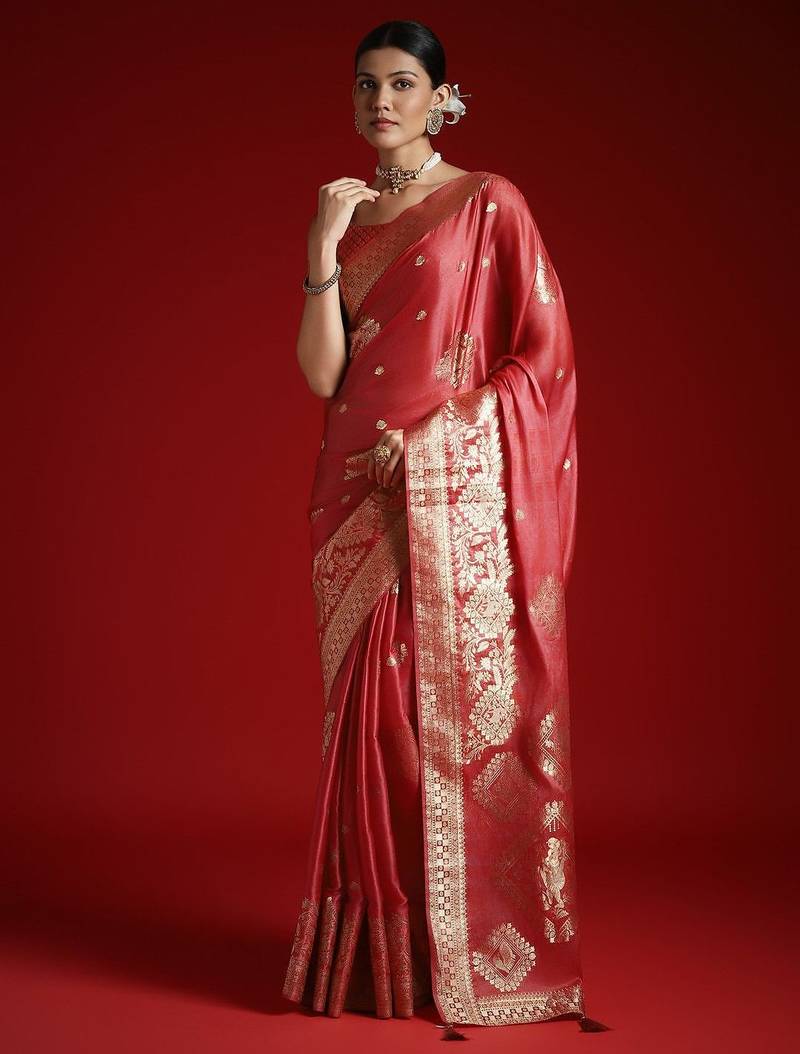 Peach ethnic motifs woven design satin banarasi saree