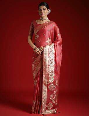 Peach ethnic motifs woven design satin banarasi saree 2