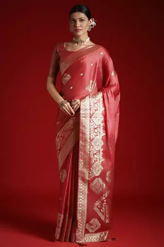 Peach ethnic motifs woven design satin banarasi saree