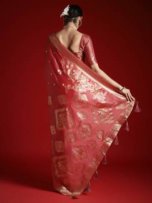 Peach ethnic motifs woven design satin banarasi saree 3