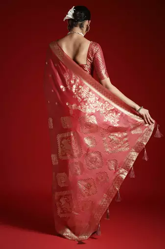 Peach ethnic motifs woven design satin banarasi saree