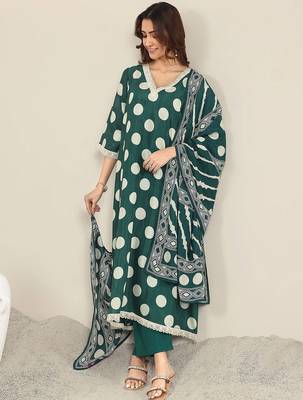 polka dot printed v neck a-line kurta with trousers & dupatta 1