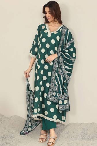 polka dot printed v neck a-line kurta with trousers & dupatta