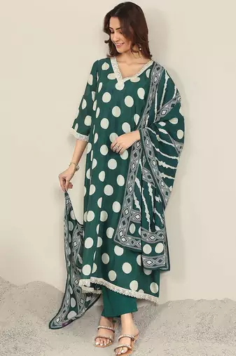 polka dot printed v neck a-line kurta with trousers & dupatta