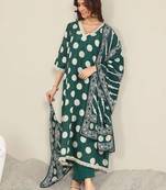 polka dot printed v neck a-line kurta with trousers & dupatta
